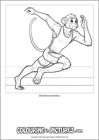 Free printable monkey colouring in picture of Charlie Acornantics