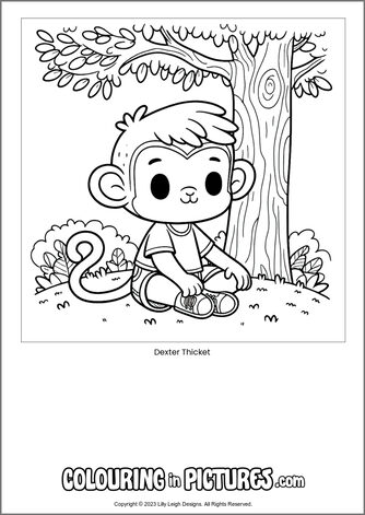 Free printable monkey colouring in picture of Dexter Thicket