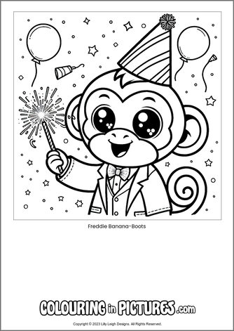 Free printable monkey colouring in picture of Freddie Banana-Boots