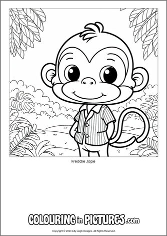 Free printable monkey colouring in picture of Freddie Jape