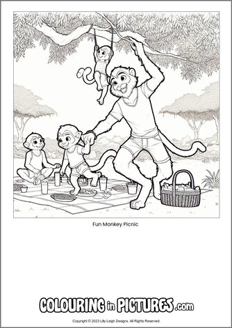 Free printable monkey colouring in picture of Fun Monkey Picnic