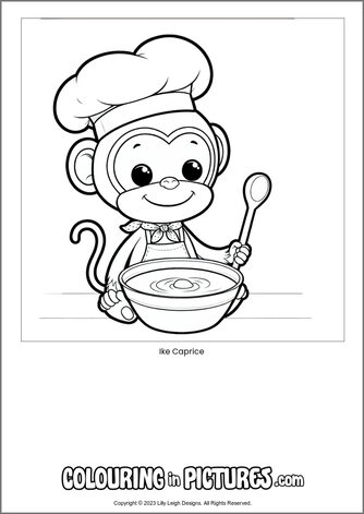 Free printable monkey colouring in picture of Ike Caprice