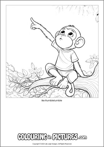 Free printable monkey colouring in picture of Ike Rumbletumble