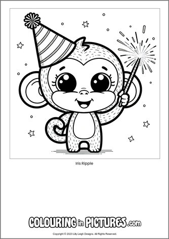 Free printable monkey colouring in picture of Iris Ripple