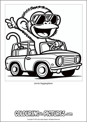 Free printable monkey colouring in picture of Jamie Gigglegibber