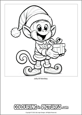 Free printable monkey colouring in picture of Jolly Elf Monkey