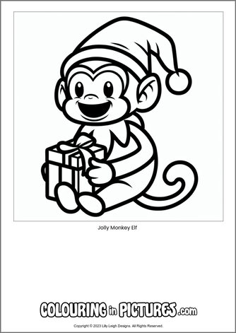 Free printable monkey colouring in picture of Jolly Monkey Elf