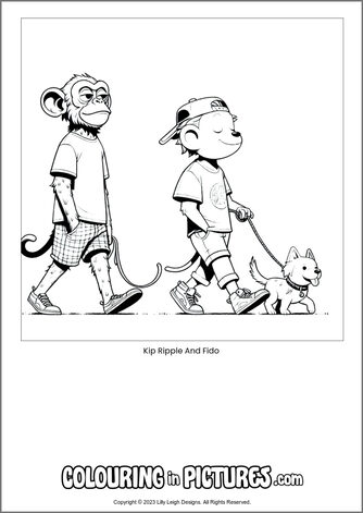 Free printable monkey colouring in picture of Kip Ripple And Fido