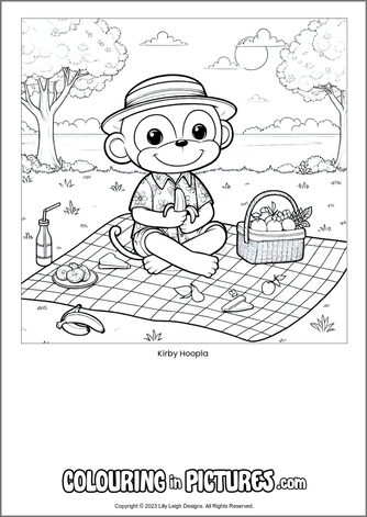 Free printable monkey colouring in picture of Kirby Hoopla