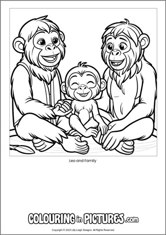 Free printable monkey colouring in picture of Leo and Family
