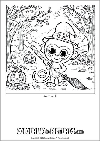 Free printable monkey colouring in picture of Leo Rascal