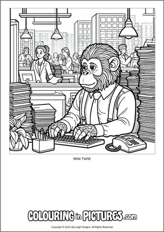 Free printable monkey colouring in picture of Max Twist
