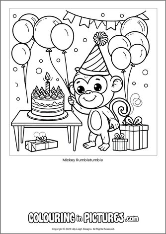 Free printable monkey colouring in picture of Mickey Rumbletumble