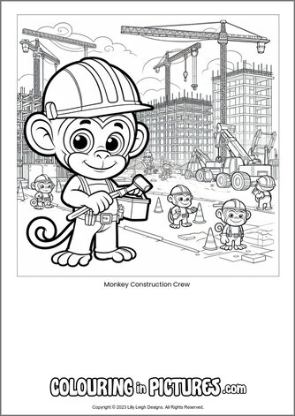 Free printable monkey colouring in picture of Monkey Construction Crew