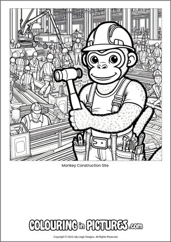 Free printable monkey colouring in picture of Monkey Construction Site