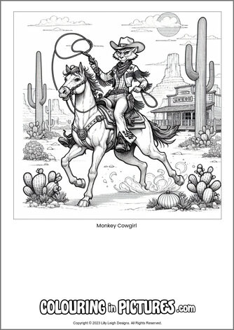 Free printable monkey colouring in picture of Monkey Cowgirl