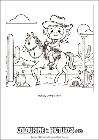 Free printable monkey colouring in picture of Monkey Cowgirl Jane