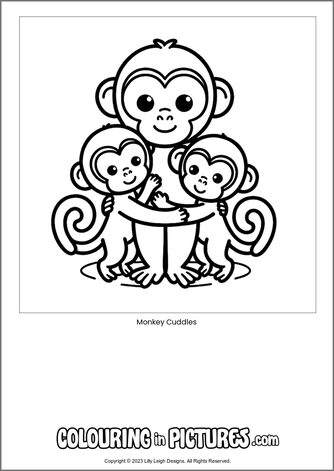 Free printable monkey colouring in picture of Monkey Cuddles