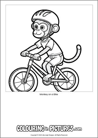 Free printable monkey colouring in picture of Monkey on a Bike