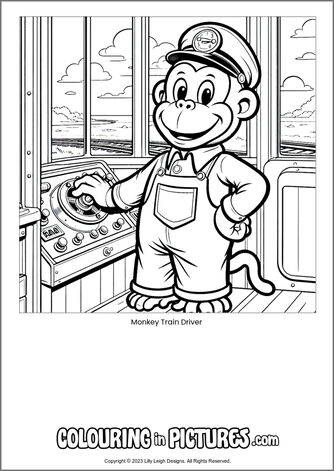 Free printable monkey colouring in picture of Monkey Train Driver