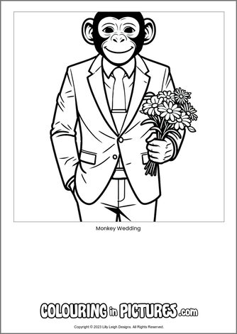 Free printable monkey colouring in picture of Monkey Wedding