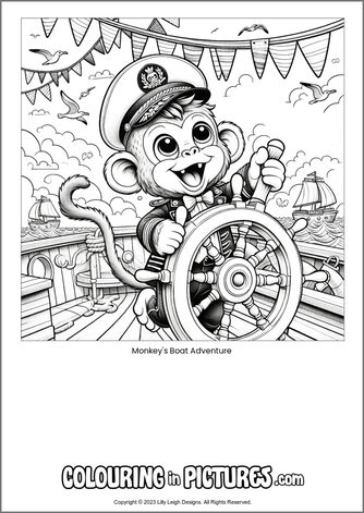 Free printable monkey colouring in picture of Monkey's Boat Adventure