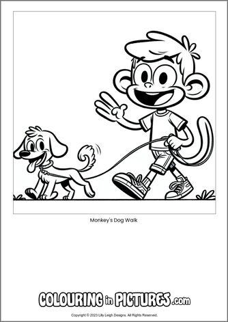 Free printable monkey colouring in picture of Monkey's Dog Walk