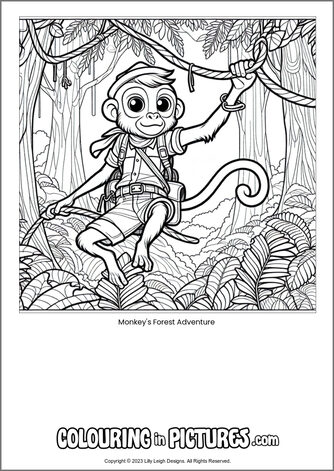 Free printable monkey colouring in picture of Monkey's Forest Adventure