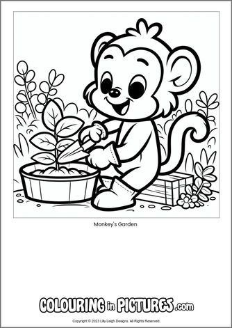 Free printable monkey colouring in picture of Monkey's Garden
