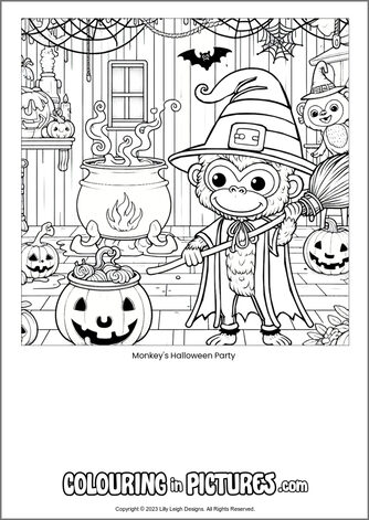 Free printable monkey colouring in picture of Monkey's Halloween Party