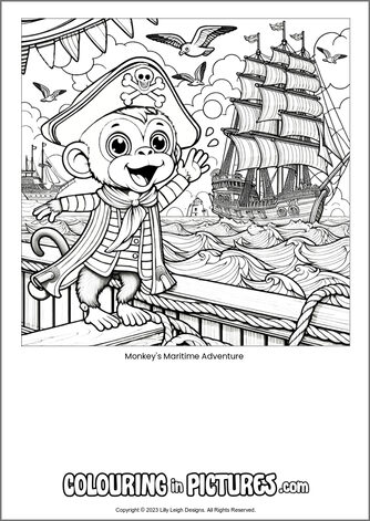 Free printable monkey colouring in picture of Monkey's Maritime Adventure