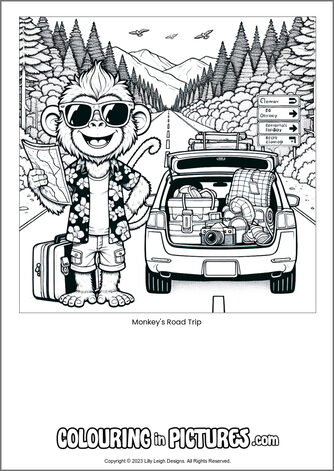 Free printable monkey colouring in picture of Monkey's Road Trip