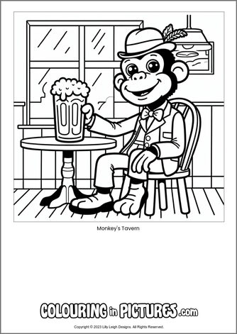 Free printable monkey colouring in picture of Monkey's Tavern