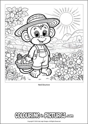 Free printable monkey colouring in picture of Ned Bounce