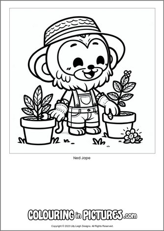 Free printable monkey colouring in picture of Ned Jape