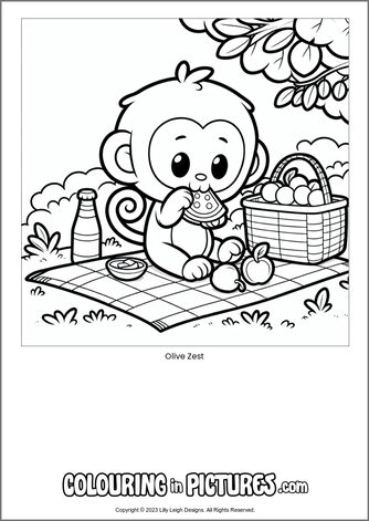 Free printable monkey colouring in picture of Olive Zest