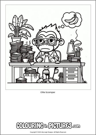 Free printable monkey colouring in picture of Ollie Scamper