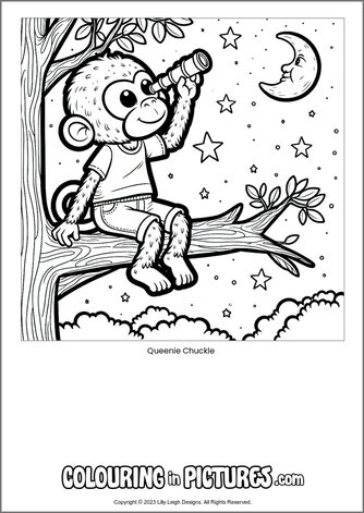 Free printable monkey colouring in picture of Queenie Chuckle