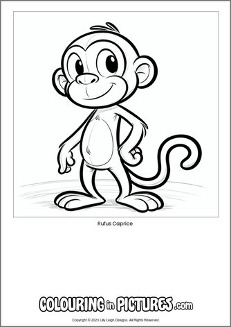 Free printable monkey colouring in picture of Rufus Caprice