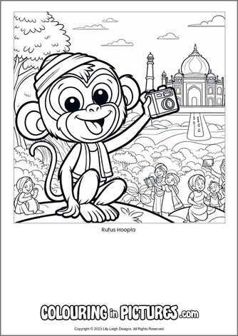 Free printable monkey colouring in picture of Rufus Hoopla