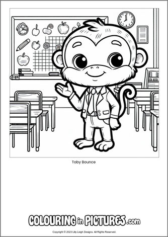 Free printable monkey colouring in picture of Toby Bounce