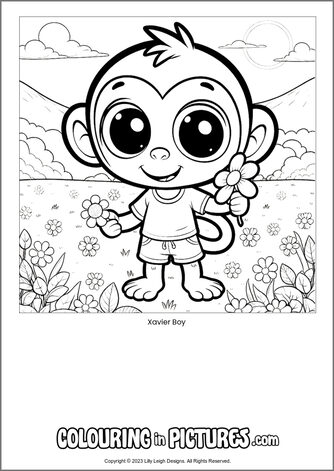 Free printable monkey colouring in picture of Xavier Boy