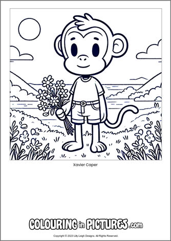 Free printable monkey colouring in picture of Xavier Caper