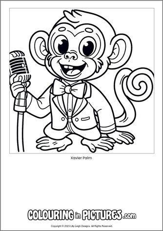Free printable monkey colouring in picture of Xavier Palm