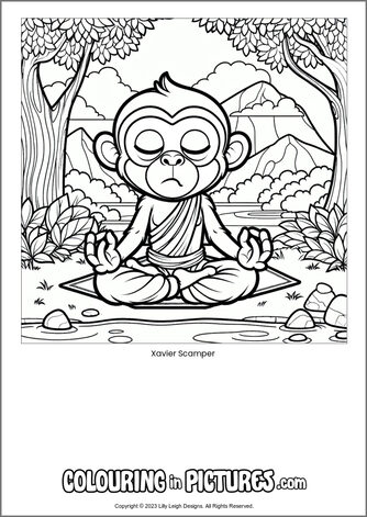 Free printable monkey colouring in picture of Xavier Scamper