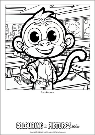 Free printable monkey colouring in picture of Zack Bounce