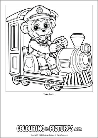 Free printable monkey colouring in picture of Zeke Twist