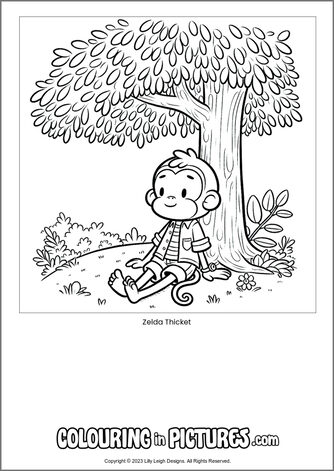 Free printable monkey colouring in picture of Zelda Thicket