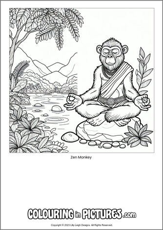 Free printable monkey colouring in picture of Zen Monkey