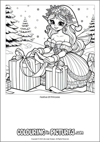 Free printable princess colouring in picture of Festive Elf Princess